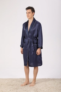 Detail of navy blue silk satin robe with vertical stripes and white contrast piping