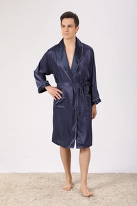 Detail of dark blue satin silk men's bathrobe featuring white piping and vertical stripes