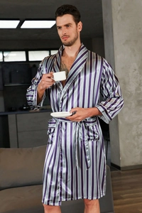 Detail of men's striped silk-like robe featuring purple and grey satin texture and belt
