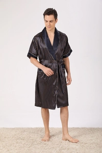 Detailed view of men's navy blue silk satin striped bathrobe with elegant gold vertical stripes