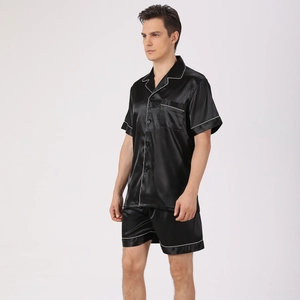 Men's Satin Pajama Set Short Sleeve Button Down Shirt And Shorts Two Piece Silk Like Sleepwear Loungewear Pocket Piping