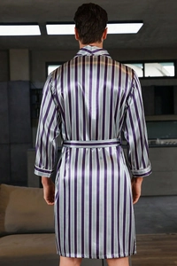 Detailed back view of men's long-sleeve silk satin robe with vertical purple and grey stripes