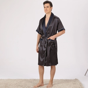 Men's deep blue silk-like satin robe with gold polka dot print and white piping detail