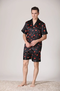 Ensemble pyjama en soie pour homme avec manches courtes et motifs de cœurs rouges
