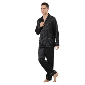 Men's black satin silk pajama set with long sleeves, white piping and classic lapel collar