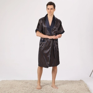 Men's dark blue satin striped bathrobe with shawl collar and belted waist for summer