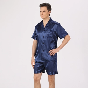 Men's dark blue satin silk pajama set with short sleeve button-down shirt and shorts