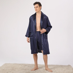 Navy blue silk-like men's bathrobe set with vertical stripes and white contrast piping