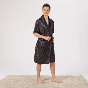 Men's navy silk-satin bathrobe with gold stripes, shawl collar and white piping