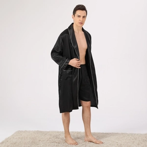 Men's black striped silk satin bathrobe set with long sleeves and matching shorts