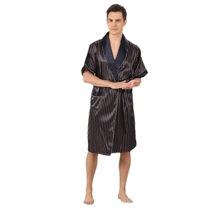 Men's navy silk-like summer robe with gold vertical stripes and stylish lapel design