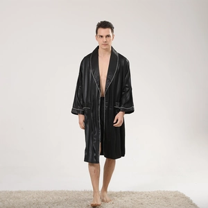 Men Satin Sleepwear Robe And Shorts Set Striped Checkerboard Pattern Long Sleeve Bathrobe Nightwear With Belt Pockets