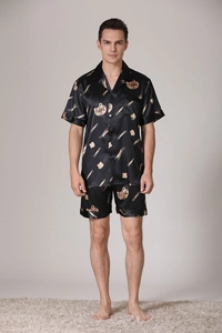 Ensemble pyjama en satin de soie pour hommes avec imprimé ours doré en noir