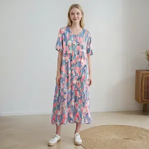 Abito Maxi da Donna in Viscosa con Stampa Floreale Scollo a V Mezza Manica Largo Linea A Bohemien Spiaggia Vacanza Casa