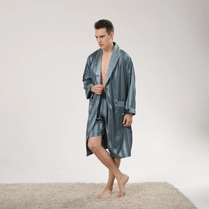 Men's two-piece silk satin pajama set with striped texture in dusty blue with piping