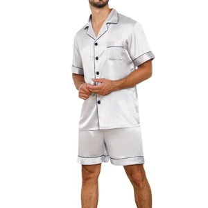 Men's silver satin pajama set with short sleeves, button-up shirt and shorts loungewear