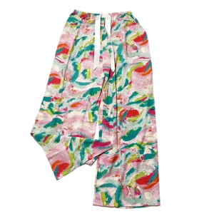 Detailed view of lightweight wide-leg sleep pants with abstract floral oil painting print