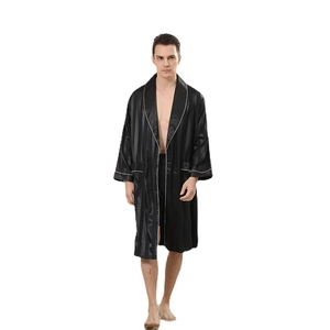 Men's black silk-like pajama set with striped jacquard and white piping detail