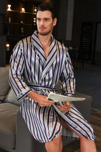 Detail of men's satin silk bathrobe featuring vertical stripes and a classic lapel collar