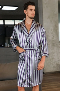 Detail of men's striped silk robe showing shawl collar and glossy satin texture