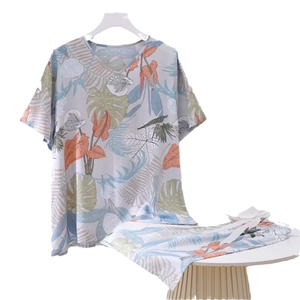 Women's summer cotton pajama set with tropical leaf print short sleeve top and loose pants