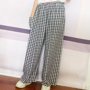 Women Wide Leg Pants Breathable Rayon Cotton Silk Straight Trousers High Elastic Waist With Pockets Loungewear Floral Plaid