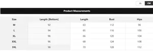 Size chart for men's satin pajama set showing measurements for M to 3XL in CM