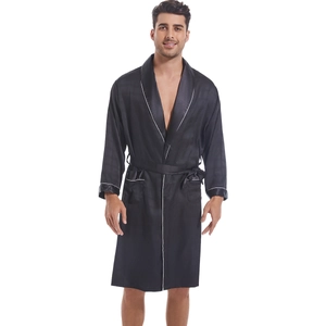 Men's black satin bathrobe with silk-like sheen, subtle grid pattern and white piping trim