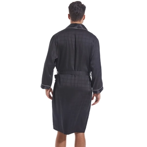 Men's black satin long sleeve bathrobe with subtle checked pattern and white piping trim