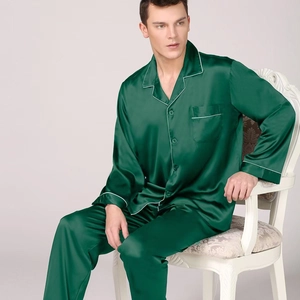 Men's Satin Pajama Set Long Sleeve Solid Color Sleepwear Notch Lapel Button Down Homewear Polyester Top And Bottom
