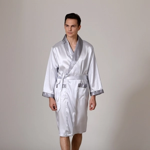 Men's silver-grey silk satin bathrobe with contrast piping and a matching tie belt