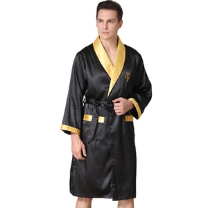 Men's silk satin bathrobe in black and gold with crown embroidery and waist belt