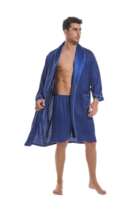 Detail of dark blue satin bathrobe set featuring white piping and subtle checkered texture
