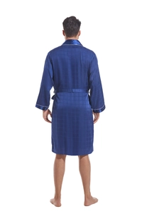 Rear view of navy blue satin bathrobe showing glossy checkered pattern texture and long sleeves