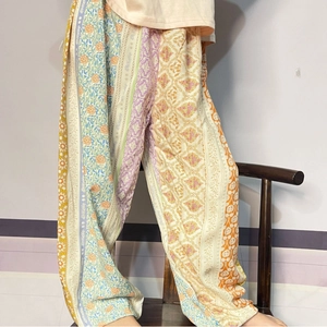 Kids bohemian patchwork mosquito pants in breathable floral cotton and linen fabric