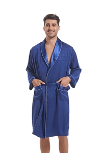 Close-up of men's satin robe featuring detailed texture and white contrast piping