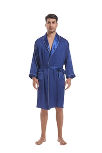 Detailed view of men's dark blue satin bathrobe with white piping and subtle checkered texture