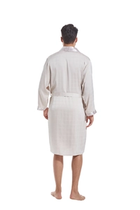 Detail of men's satin bathrobe back showing champagne silk texture and checkered pattern