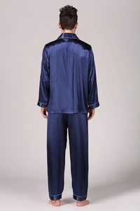 Back view of premium men's navy satin pajama set with elegant white contrast piping