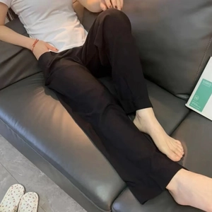 Women's black wide-leg cotton lounge pants with pockets, loose fit for casual home wear