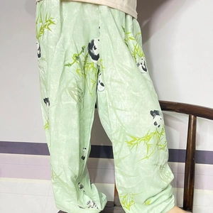 Kids lightweight cotton pajama pants with green panda print and elastic cuffs