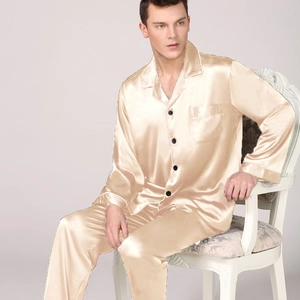 Men's solid color satin pajamas set with long-sleeved lapel top and matching pants