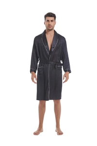 Detail of men's satin silk bathrobe showing textured grid pattern and white piping trim