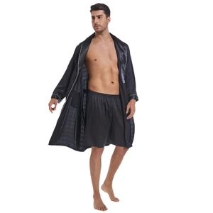 Men's two-piece satin bathrobe and shorts set in dark grey with elegant white piping