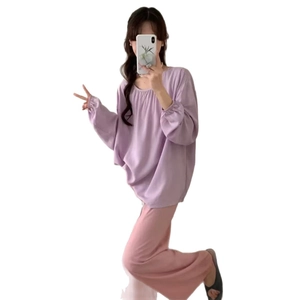 Zen style loose long sleeve cotton pajamas set in purple and pink for women