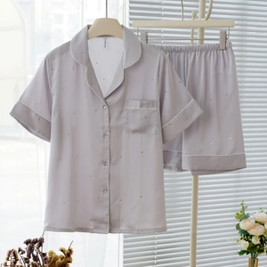Women's thin ice silk pajama set with silver star print and short-sleeved notched collar