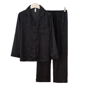 Women's thin black ice silk pajamas set with silver star print and long sleeves