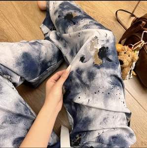 Women's plus size loose cotton pajama pants with blue ink splash print pattern