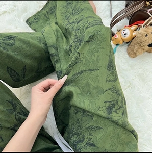 Women extra-long floral wide-leg pajama pants in dark green soft viscose fabric