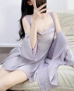 Lavender satin sleepwear set featuring a silky slip dress and matching robe detail